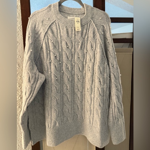 aerie Sweaters - Stunning Aerie Light Gray Cashmere look Cable Knit Sweater with Pearl Details.